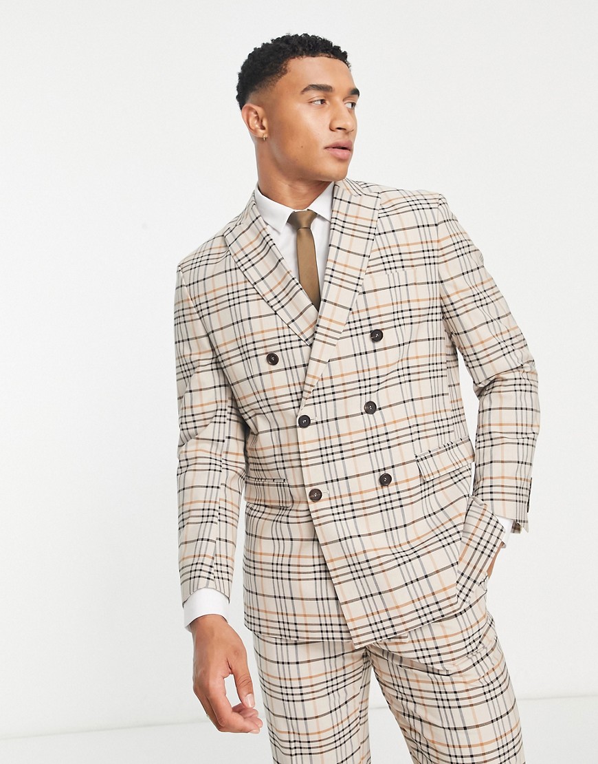 Selected Homme loose fit double breasted suit jacket in beige-Neutral