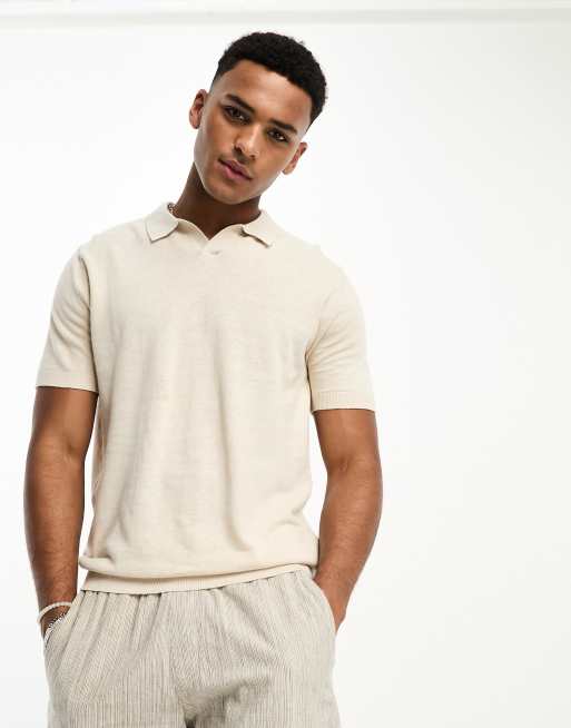 Selected Homme loose fit split neck polo with linen mix in beige | ASOS