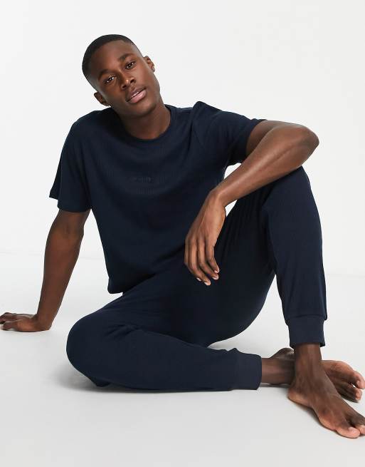 Selected Homme - Loungekledingset - T-shirt met wafeltextuur in marineblauw
