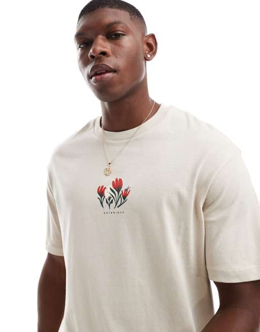 Selected Homme - Lysebrun og oversized T-shirt med blomsterprint på brystet
