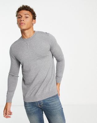 Selected Homme knitted crew neck jumper in grey melange  - ASOS Price Checker