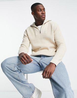 Selected Homme cotton half zip knitted jumper in ecru - ASOS Price Checker