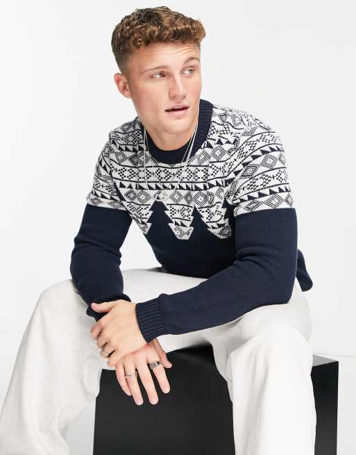 Selected Homme - Maglione natalizio in cotone blu navy con motivo ad alberi - NAVY