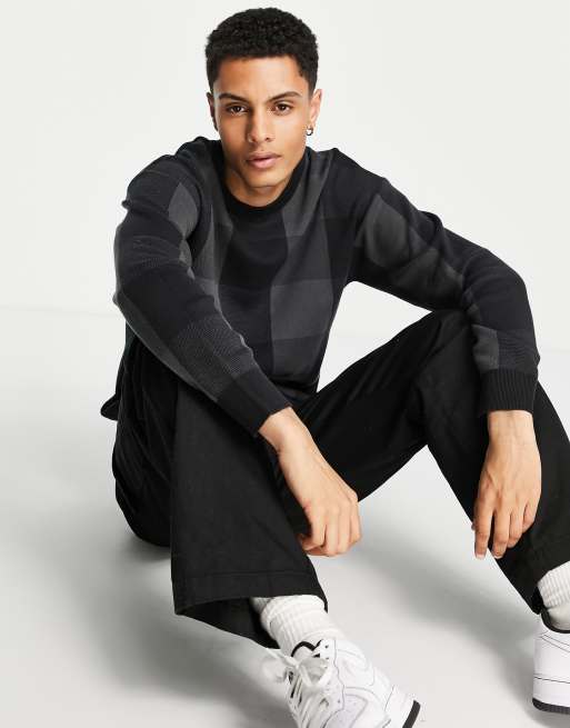 Selected Homme - Maglione oversize in cotone a quadri neri e grigi - MULTI