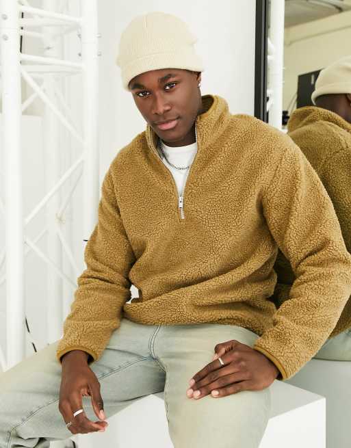 Selected Homme - Maglione oversize in pile borg beige con zip corta 