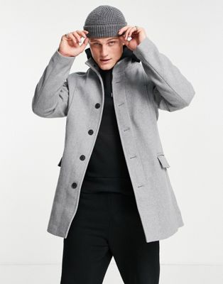 Homme Selected Homme - Manteau en laine avec col cheminée - Gris