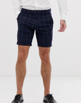 Selected Homme – Marinblå rutiga figursydda shorts i ekologisk bomull