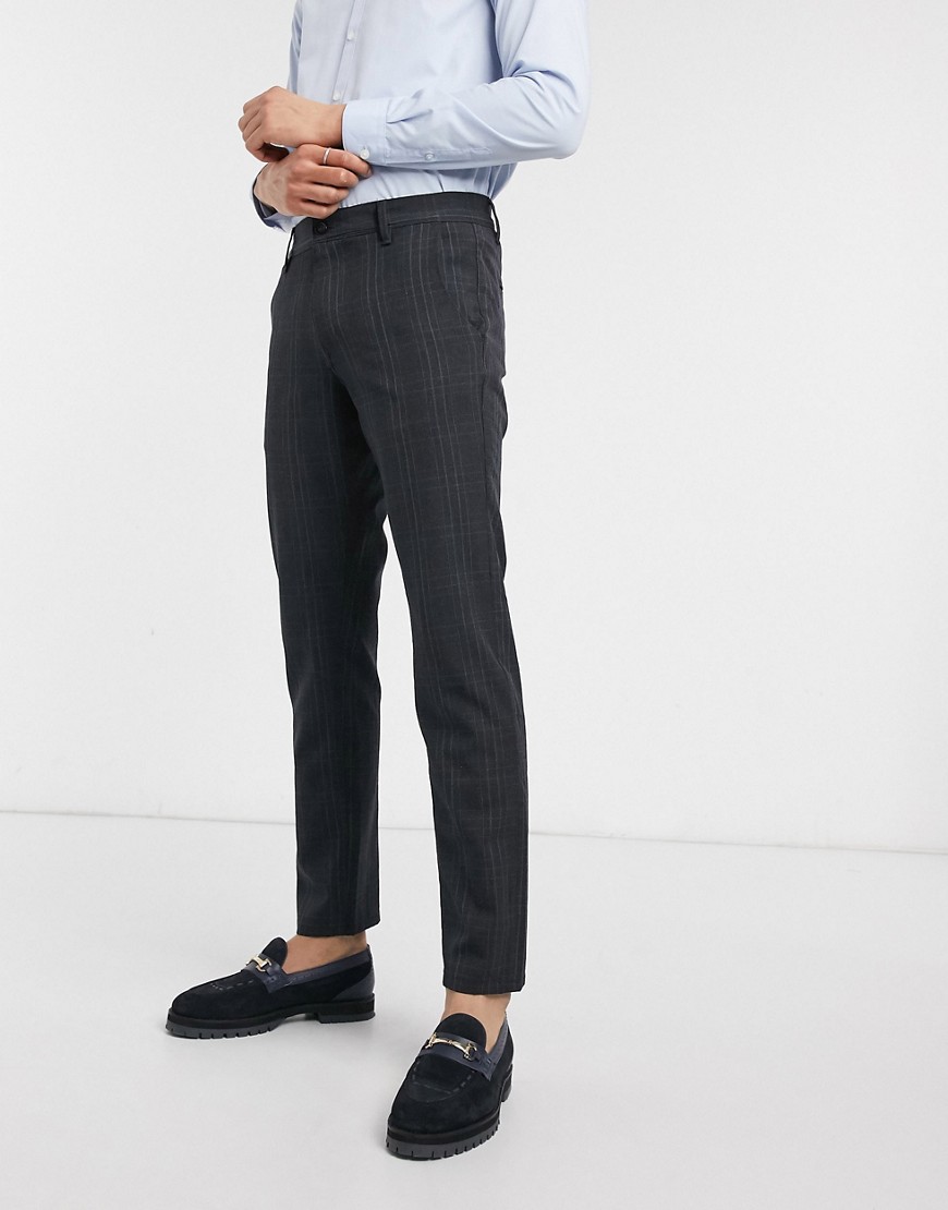 Selected Homme – Marinblå, rutiga finbyxor med smal passform och stretch