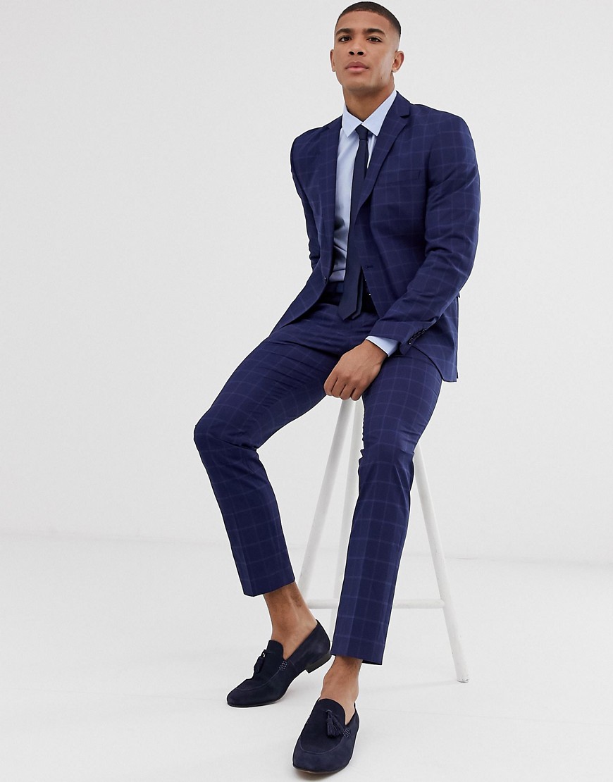 Selected Homme – Marinblå rutiga kostymbyxor med smal passform