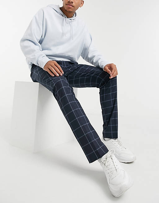 Selected Homme – Marinblå rutiga kostymbyxor med smal passform