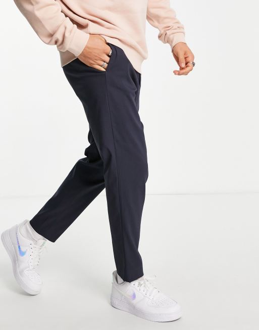 Selected Homme – Marinblå smala finbyxor i avsmalnande passform med elastisk midja