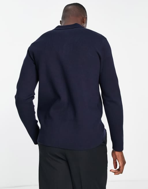 Selected Homme – Marinblå stickad kofta med kontrastpanel, 2 av 4