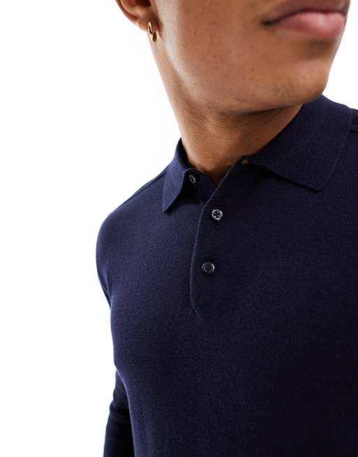 Selected Homme – Marinblå stickad pikétröja med långa ärmar, 2 av 4