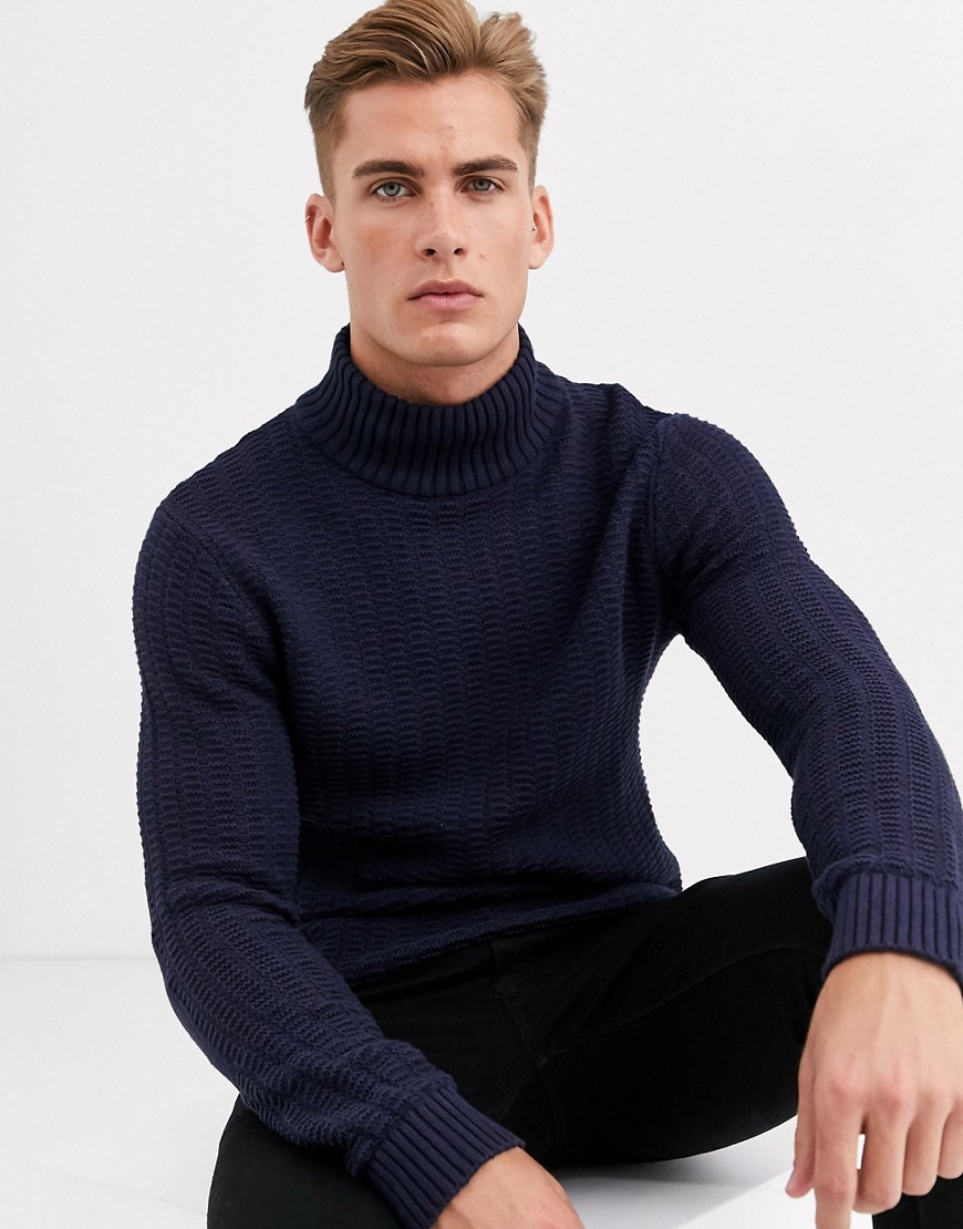 Selected Homme – Marinblå texturerad tröja med hög krage