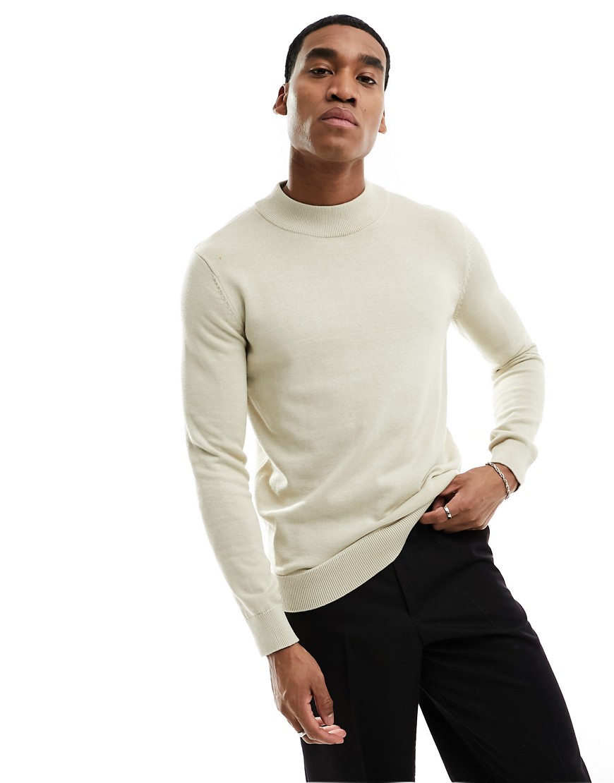 Selected Homme mock neck knit jumper in beige-Neutral