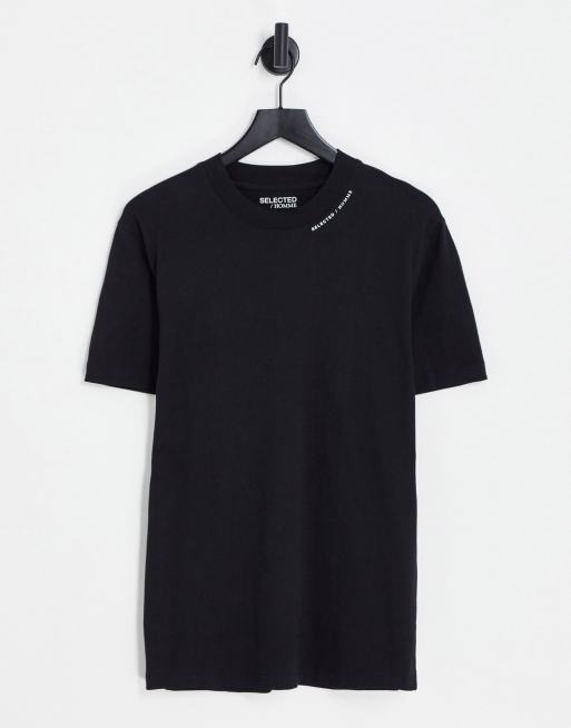 Selected Homme mock neck t-shirt with logo neck print in black | ASOS