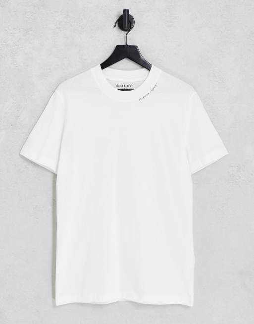 Selected Homme mock neck t-shirt with logo neck print in white