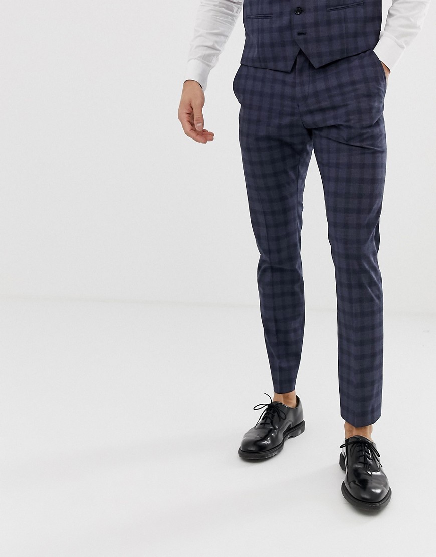 Selected Homme – Mörkblå, rutiga kostymbyxor med smal passform-Marinblå