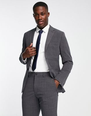 Selected Homme multi-stretch slim fit suit jacket in grey blue check
