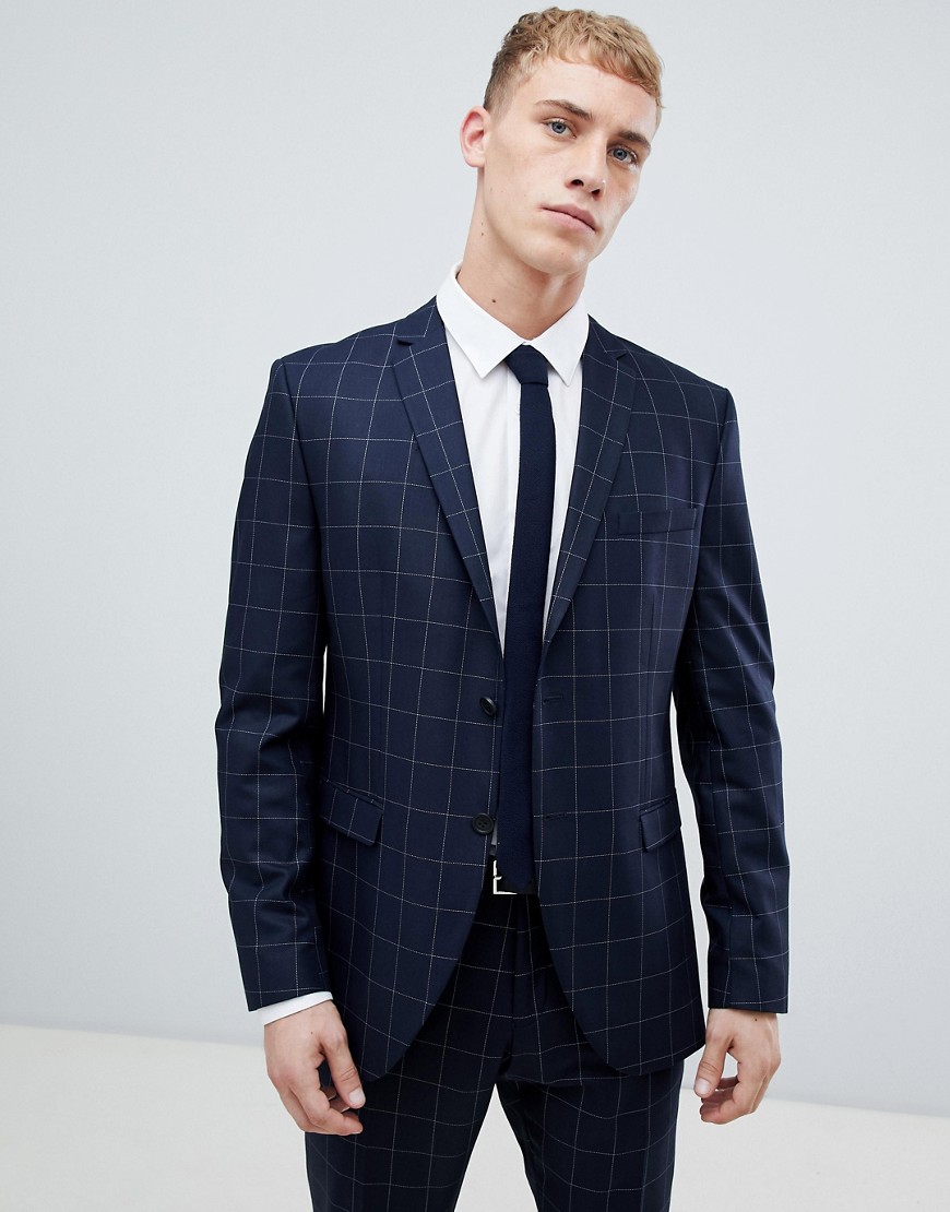 Selected Homme Navy Suit Jacket With Grid Check In Slim Fit-Grey