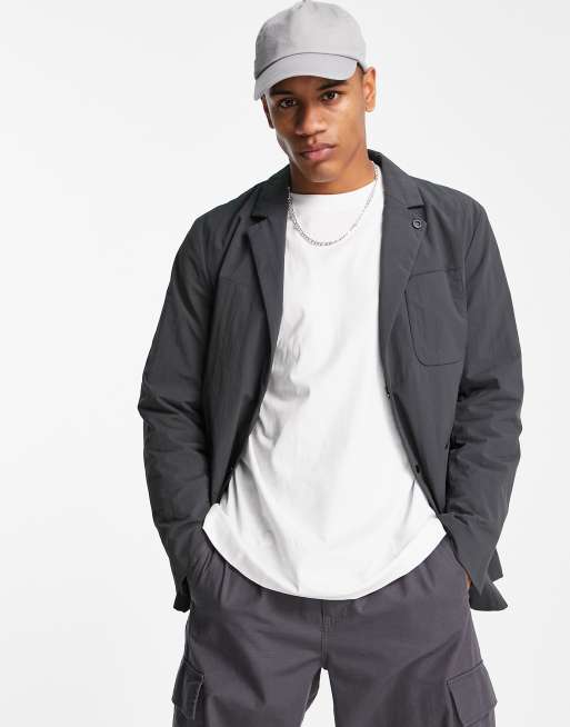 Selected Homme Nylon Boxy Suit Jacket In Grey Asos