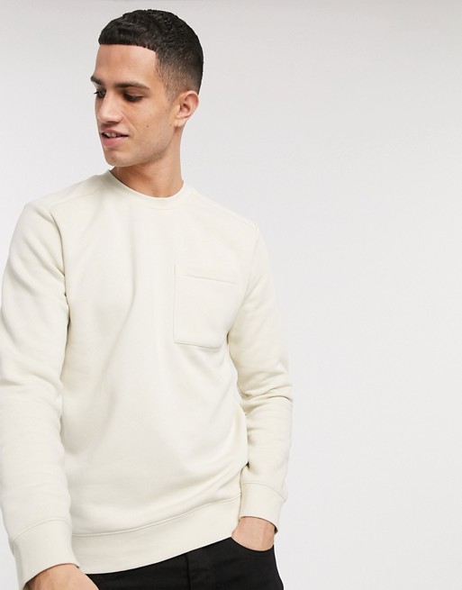 Selected Homme one pocket crew neck sweat in off-white