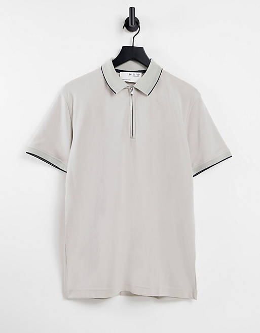  Selected Homme organic cotton blend 1/4 zip polo with tipping in beige 