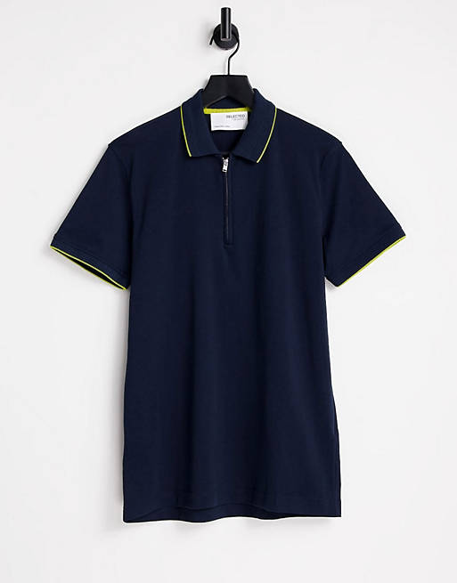 Polo shirts Selected Homme organic cotton blend 1/4 zip polo with tipping in navy 