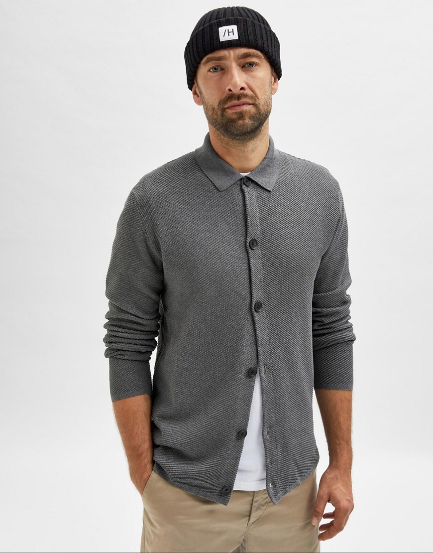 Selected Homme organic cotton blend button through collared cardigan in dark gray