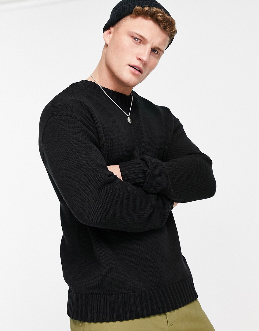 Selected Homme organic cotton blend oversized chunky knit neck detail sweater in black