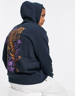 Selected Homme organic cotton blend oversized hoodie with tiger back print in navy