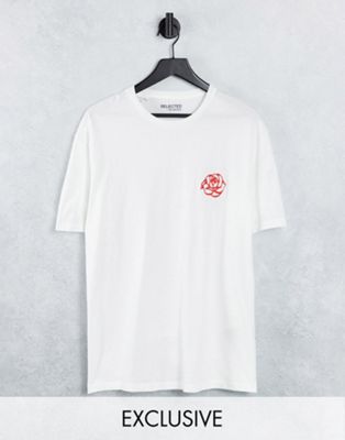 Selected Homme organic cotton blend oversized t-shirt with rose embroidery in white Exclusive at ASOS
