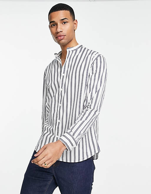 Men Selected Homme organic cotton blend shirt in grandad collar shirt with stripes in white 