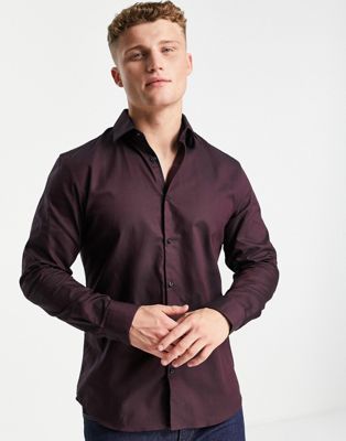 Selected Homme organic cotton blend slim fit easy iron smart shirt in burgundy