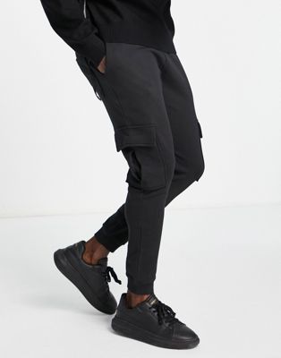 Selected Homme cotton blend slim fit jersey cargo joggers in black  - BLACK