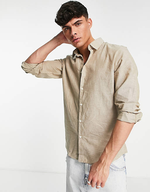  Selected Homme organic cotton blend slim fit linen shirt in beige 