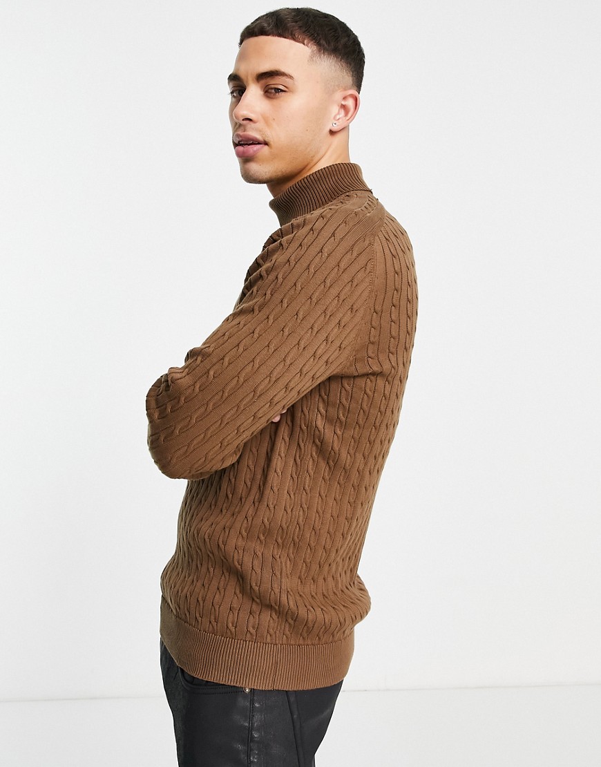 Selected Homme organic cotton cable roll neck sweater in tan-Brown