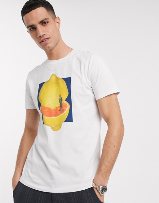 Selected Homme organic cotton lemon graphic logo t-shirt in white