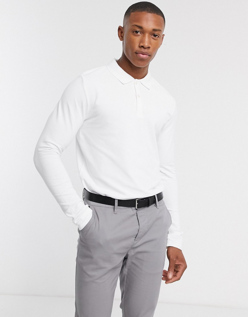 Selected Homme organic cotton long sleeve pique polo in white