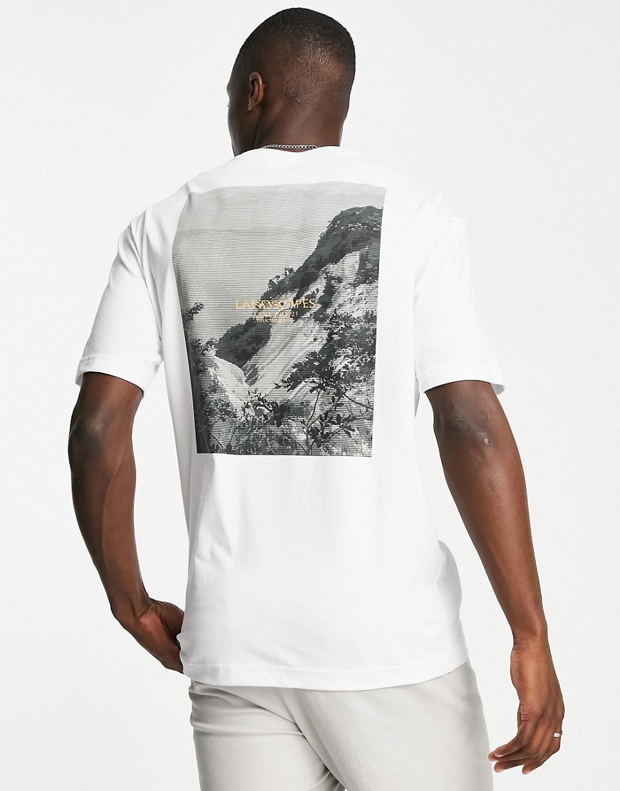Selected Homme organic cotton loose fit T-shirt with abstract scenery back print in white