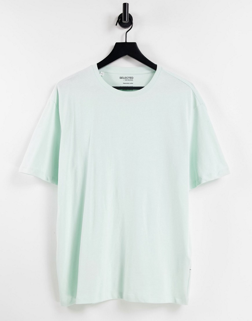 Selected Homme organic cotton oversize fit t-shirt with high neck in mint-Blues
