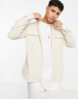 Selected Homme Cotton Oversized Cord Shirt In Ecru Stone-neutral