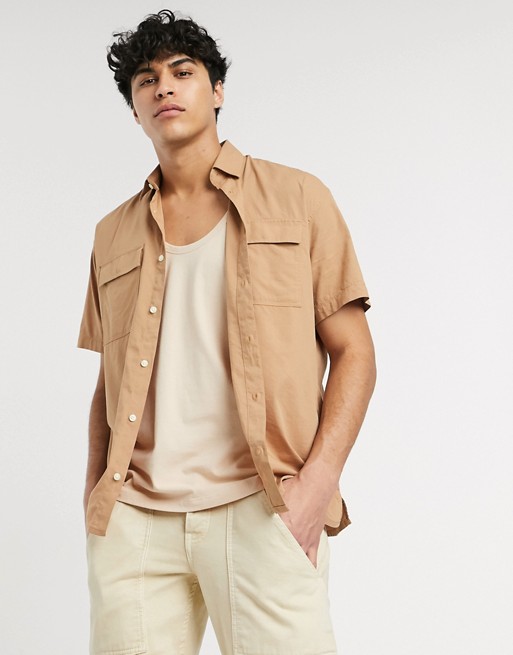 Selected Homme organic cotton oversized short sleeve utility shirt in taupe