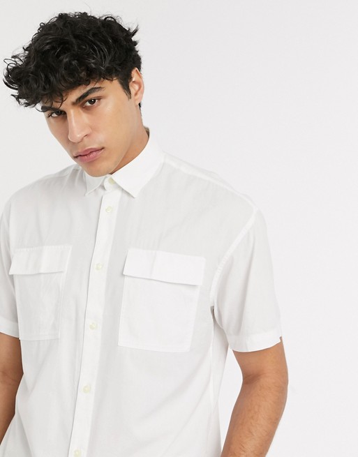 Selected Homme organic cotton oversized short sleeve utility shirt in white