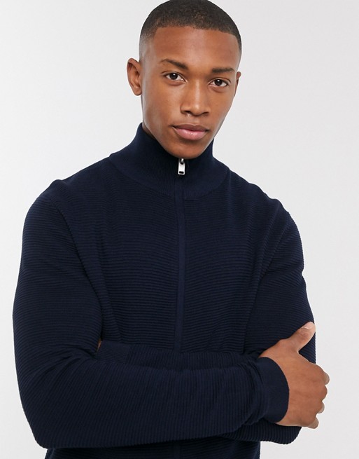 Selected Homme organic cotton ribbed knitted zip through cardigan in navy