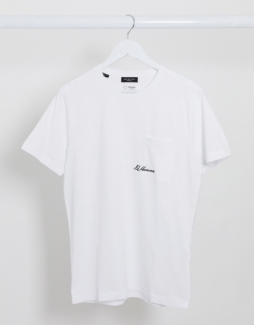 Selected Homme organic cotton script logo one pocket t-shirt in white