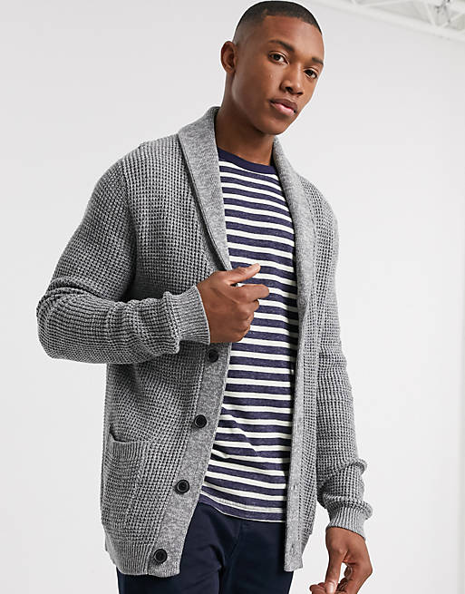 Selected Homme organic cotton shawl neck waffle knitted cardigan in ...