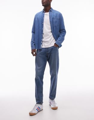 Selected Homme cotton slim tapered jeans in mid blue - MBLUE