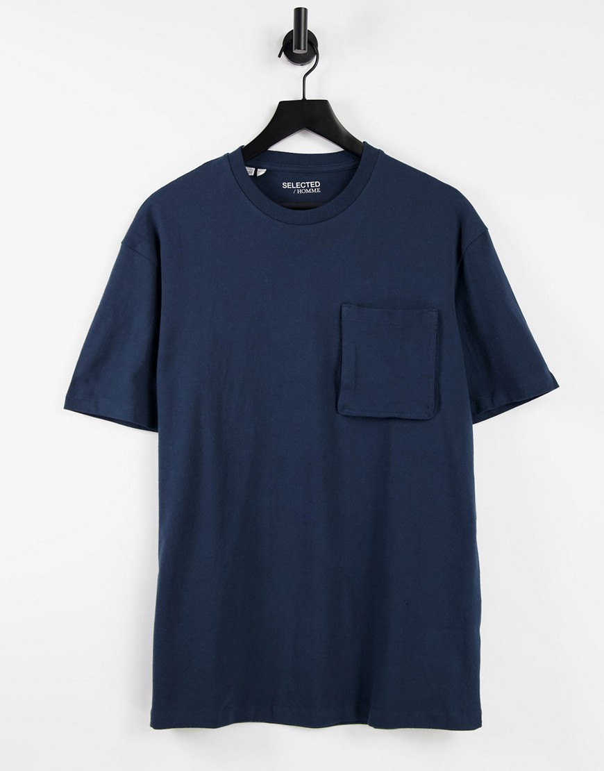 Selected Homme organic cotton t-shirt with pocket in navy