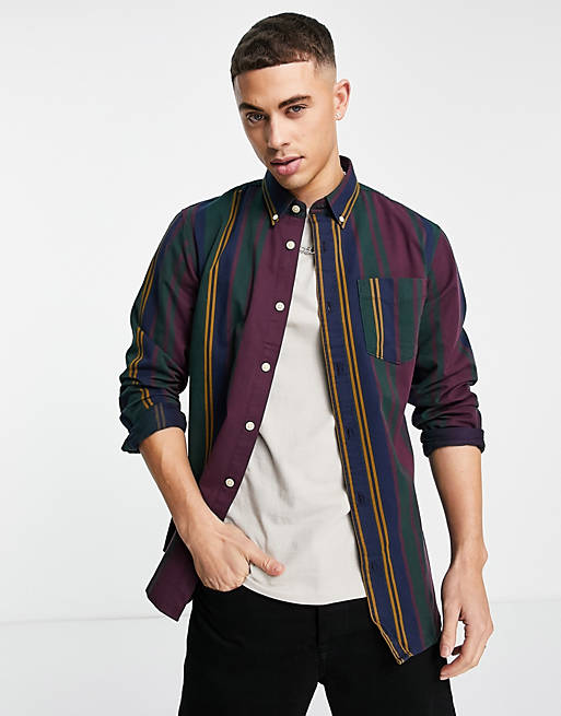 Selected Homme organic cotton vertical stripe shirt in burgundy & navy